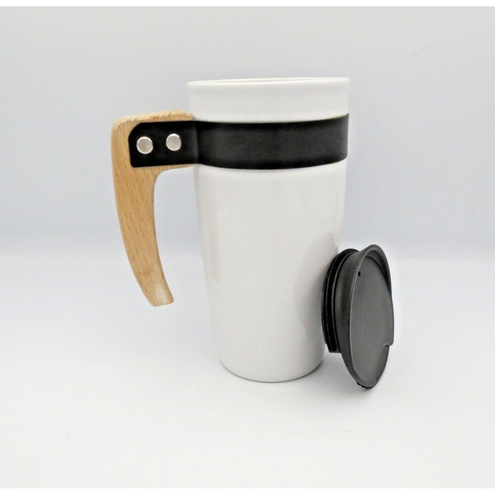 Pacifica Home  Arcadia Wood Handle Stoneware Travel Office Coffee Mug